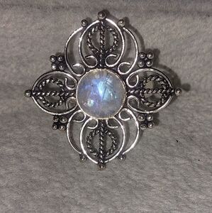 Silver Filigree Flower Rainbow Moonstone Ring